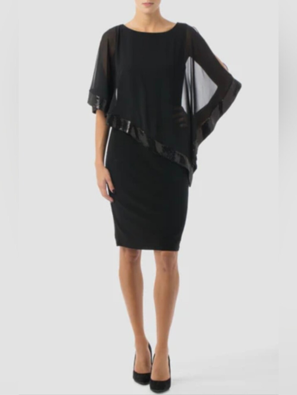 Joseph Ribkoff Asymmetrical Cape Dress Sequin Trim Black 12